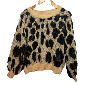 Mud Pie Women's Size Medium Linden Boucle  Cheetah Sweater Fuzzy Knit Pullover